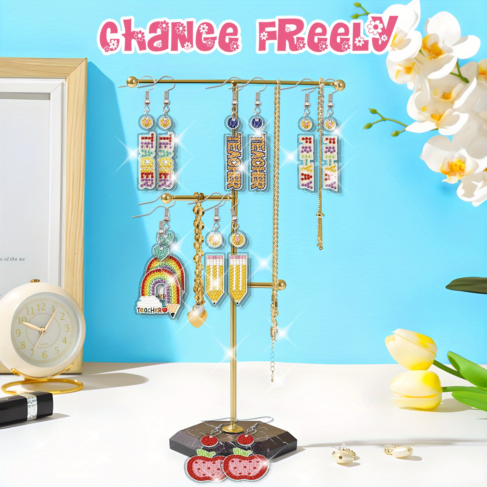 12pcs Letter Pattern Diamond Painting Earrings, Teacher's Day Theme